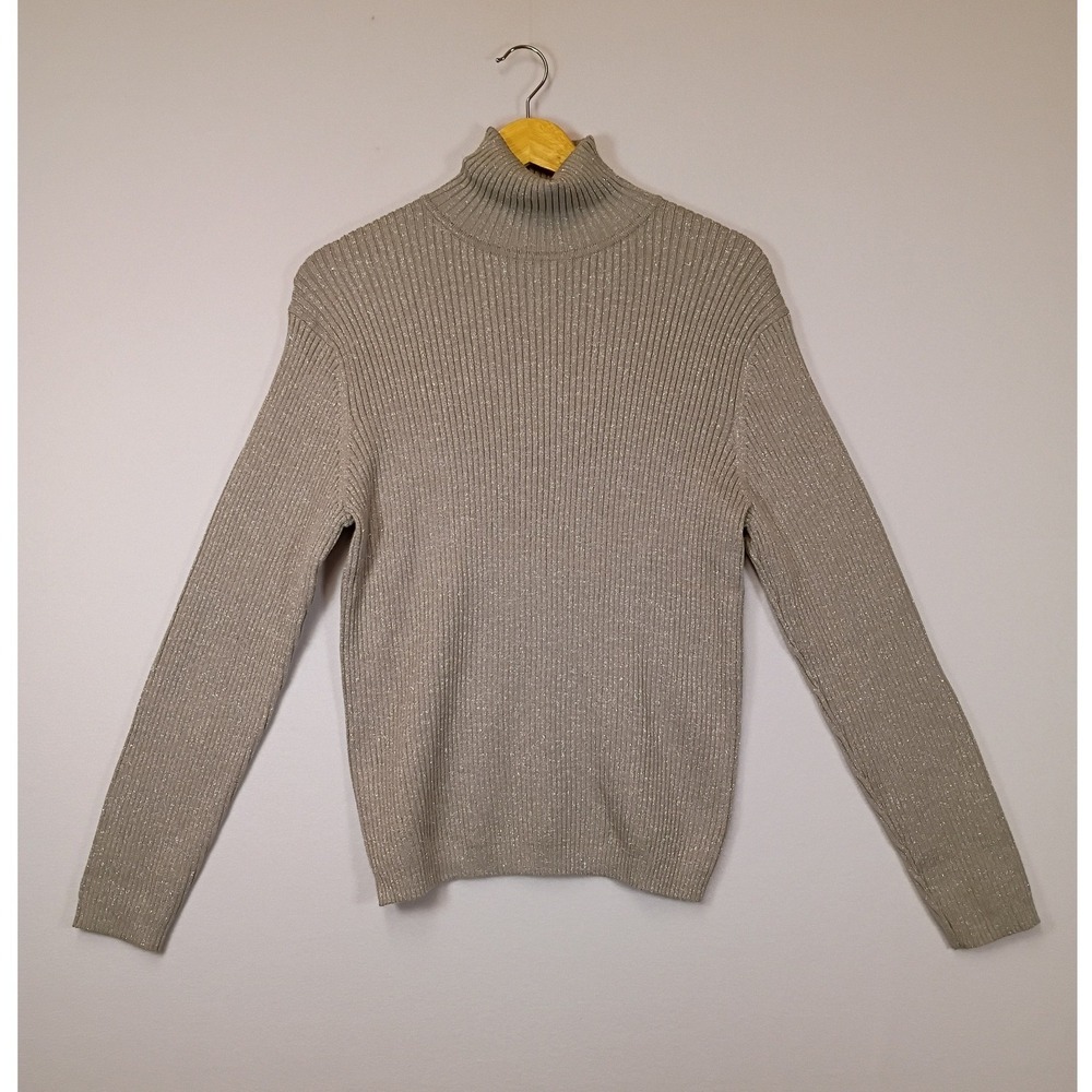 Festive Shimmer Kate Hill Casual Womens XL Silver Ribbed Metallic Turtleneck